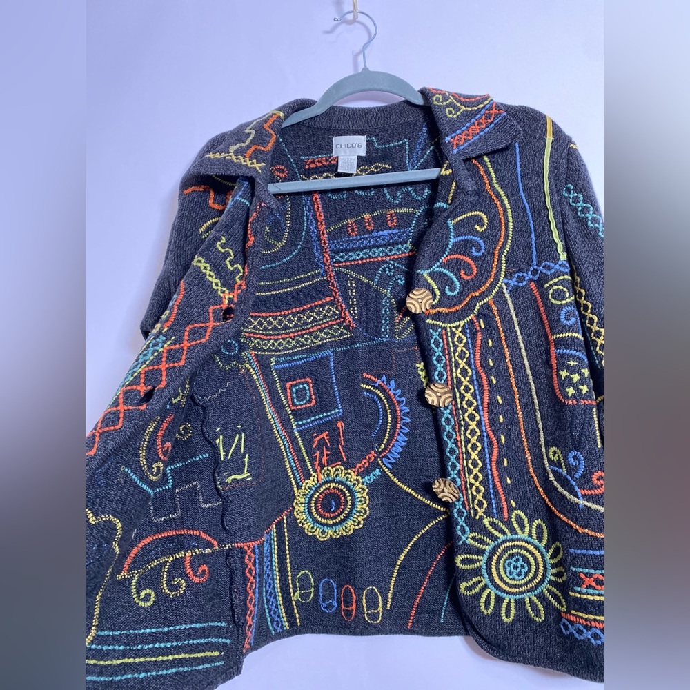 Chico’s Black Jacket With Colorful Embroidery - image 4